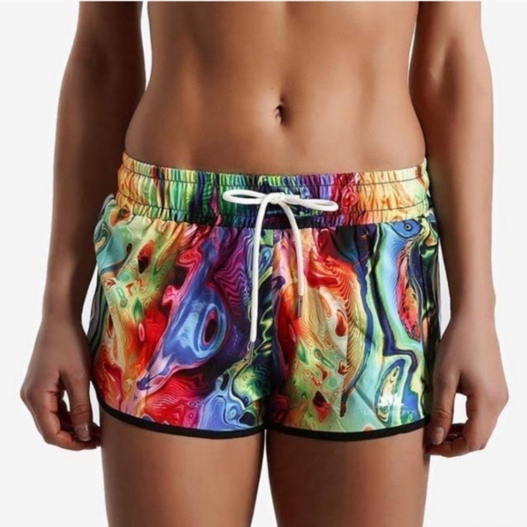 🌸2/$25 NWT Black Red Green Blue Lotus  Psychedelic Acid Drip Running Shorts - Picture 1 of 6